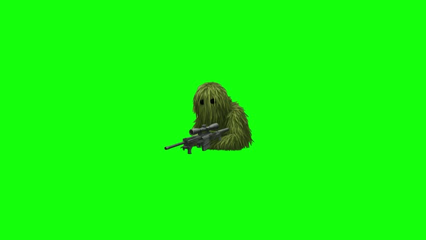 Army soldier icon animation on green screen, man hiding in grass holding a rifle, white silhouette style, military symbol, stealth position, camouflage pose, simple loop motion graphic