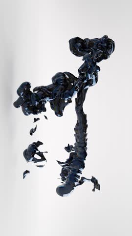 Vertical abstract 3D animation. A jet of black liquid substance flows and changes chaotically on a white background, eventually dissolving and disappearing. Fantastic morphing effect