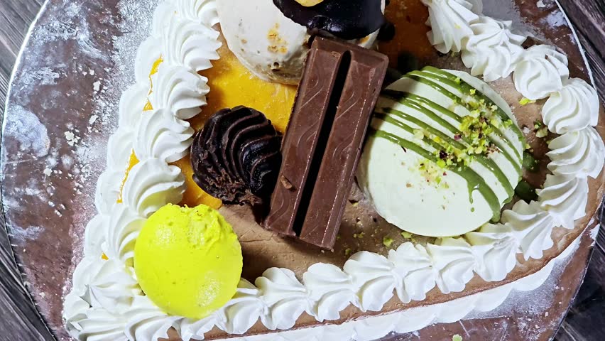 Ice cream cake of assorted and various flavors with a sponge cake layer within ice cream and whipped cream, Ice cream of mango, vanilla and chocolate, with pistachio ball and sauce and hazelnut ball
