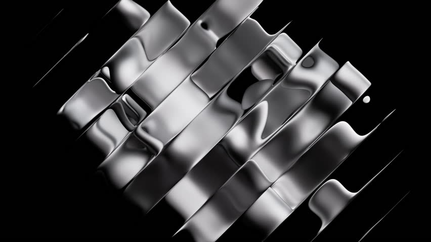 Abstract animated 3D metallic stripes rippling across a black background, silver foil ribbons, fluted chrome blinds, cycled animation