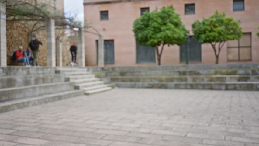 Blurred image of campus courtyard with students sitting and walking amidst historic stone architecture and trees.