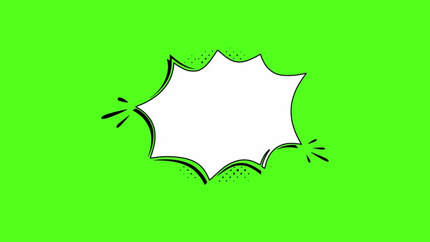 Dynamic jagged speech bubble animation in classic comic book style with black halftone pattern, ideal for explosion sounds or word bubble on a green screen chroma key
