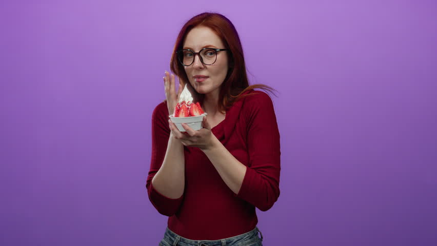 Woman, young and redhead, holds ice cream with surprise on her face, standing against a vibrant purple wall, showcasing delight in her eyes, creating an appealing and expressive moment.