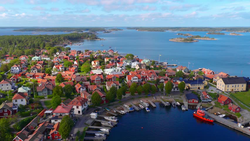 Swedish nature, drone view of Sandhamn island in Stockholm archipelago, traditional colourful houses on an island in the Baltic Sea in Sweden, Scandinavian nature