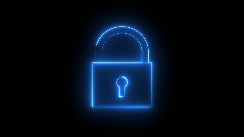Glowing neon blue color security unlocking icon animation unlock encryption open lock protection sign symbol on black background