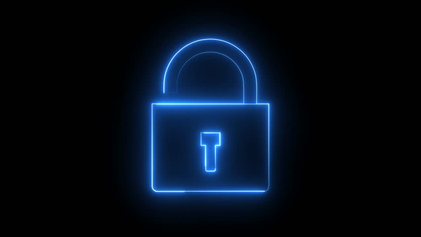 Glowing neon blue color security unlocking icon animation unlock encryption open lock protection sign symbol on black background