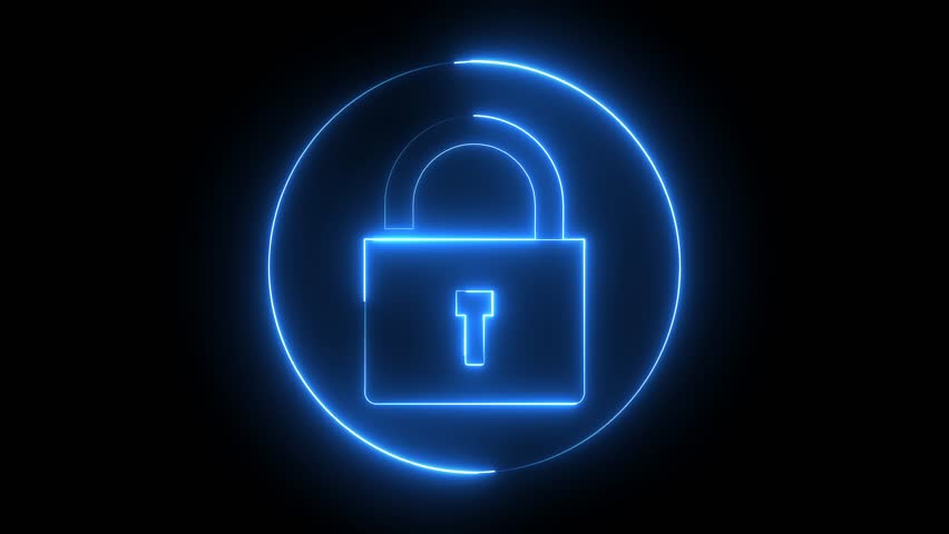 Glowing neon blue color security unlocking icon animation unlock encryption open lock protection sign symbol on black background