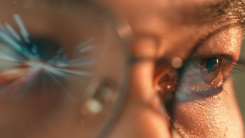 A person wearing glasses has dynamic digital light streaks reflected in their lenses, symbolizing speed, data transfer, connectivity, innovation, and the rapid flow of information in a digital age.
