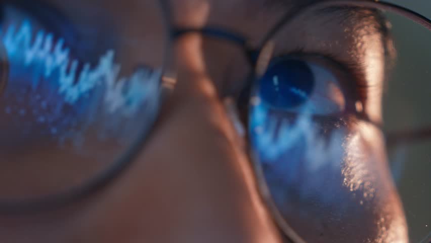 The glasses of a focused individual show digital graphs, representing markets, statistics, and innovation, while also symbolizing broader concepts of analysis, decision-making, and transformation.
