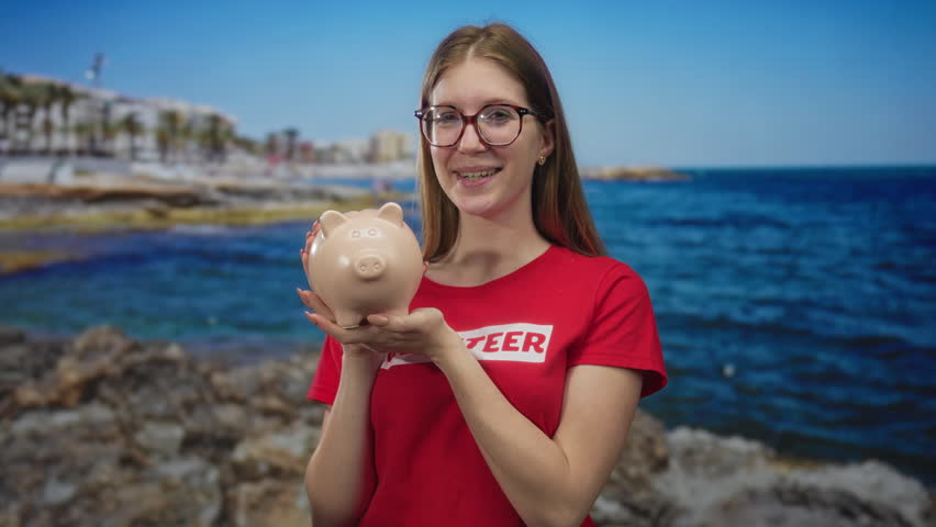 Young woman in red volunteer shirt holds round piggybank with both hands on rocky seaside beach on sunny day; charity generosity.