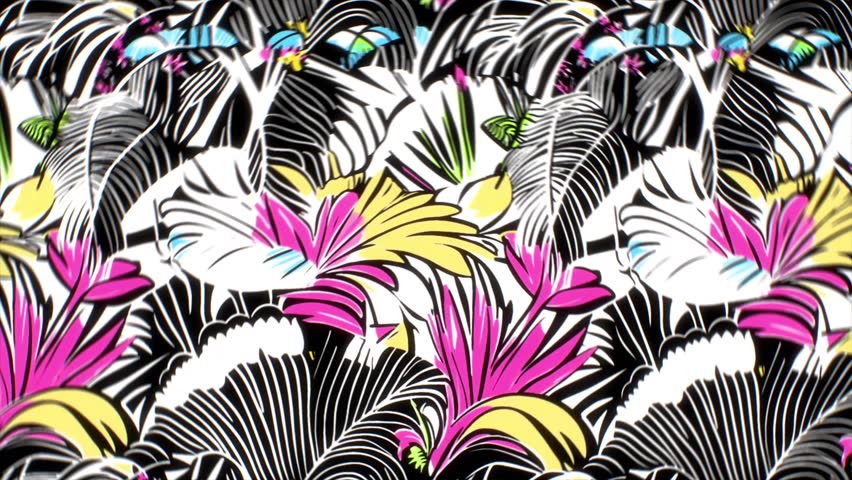 Seamless classic tropical illustration with botanical Art Deco vibe. High-contrast floral elements white background, positioned lower section, create vintage aesthetic.