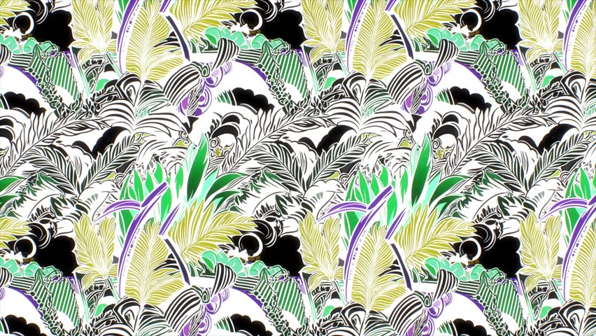 Seamless elegant tropical pattern botanical style, reflecting Art Deco fluidity. Bold, high-contrast elements white background, positioned lower edge, create vintage-inspired look.
