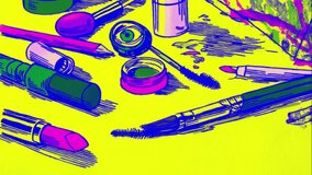 A bold pattern featuring eyeliners, pencils, and powder kits layered over fashion graphics. This editorial and vivid design reflects the fusion of makeup culture and modern pop art. - Powered by Shutterstock - Get 15% off with code: PIKWIZARD15