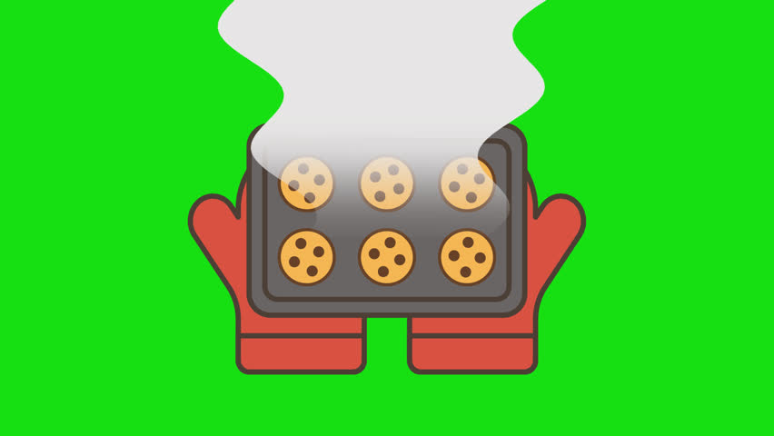 Oven mitt animation holding a tray of cookies. Perfect for baking tutorials, holiday cooking, and culinary learning concepts.