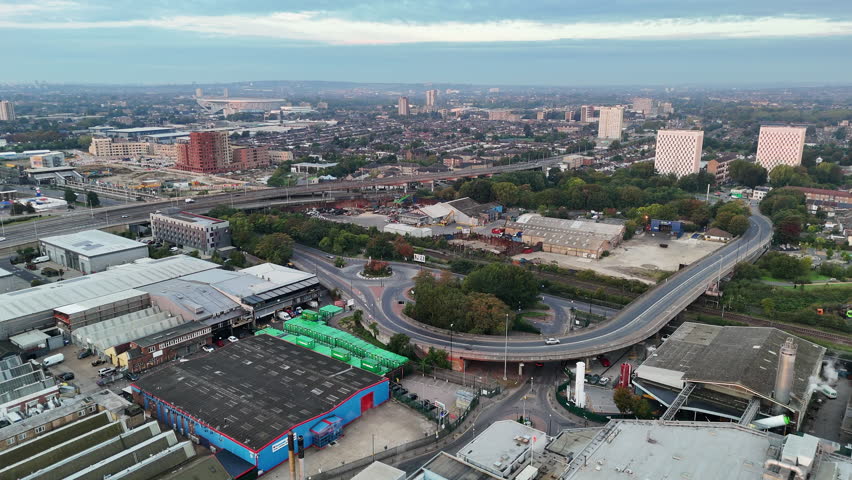 Aerial view of the road network and industrial building of an industrial estate in Edmonton, London.