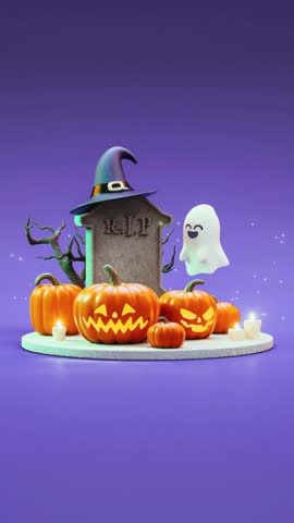 Cute 3D Halloween Scene with Jack-o'-Lanterns, Floating Ghost, Gravestone, and Witch Hat on Purple Background