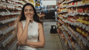 Young woman stands with hand on chin amidst grocery shelves in supermarket building; quiet reflection. - Powered by Shutterstock - Get 15% off with code: PIKWIZARD15
