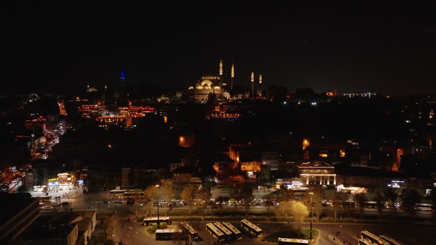 Aerial footage of Istanbul at night. Bosphorus Bridge, Maiden