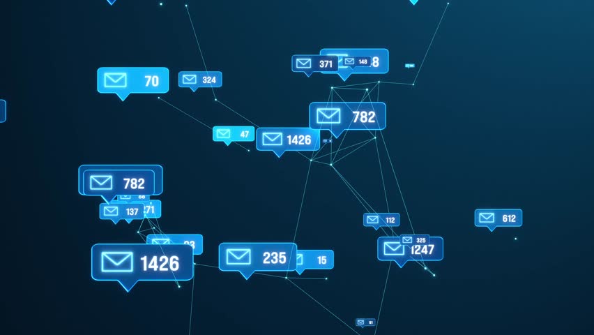 E-mail icons, inbox, digital communciation, blue polygon, plexus, network, text messaging, social media. Connected, lines, model, illuminated, futuristic, technology, number of emails. 3D animation