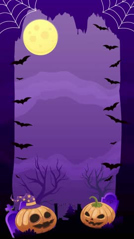 Animated Halloween Purple Background Template with Flying Bats, Pumpkins, Full Moon, and Copy Space - Vertical Format