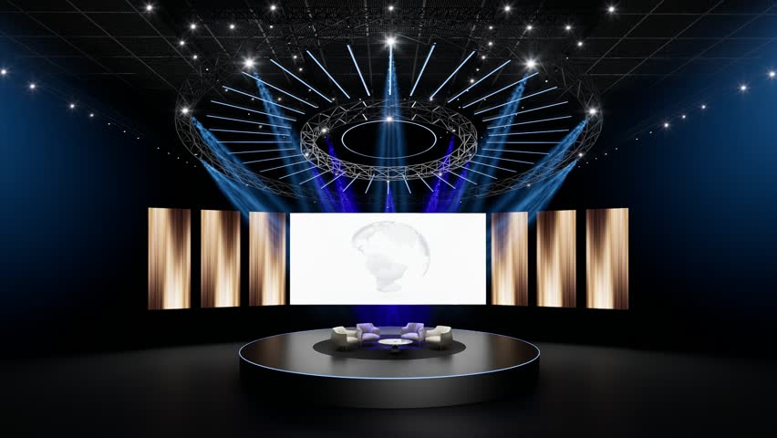 Round Event Stage with Round Truss Lighting and Seating. 3D Render. 3D Illustration.