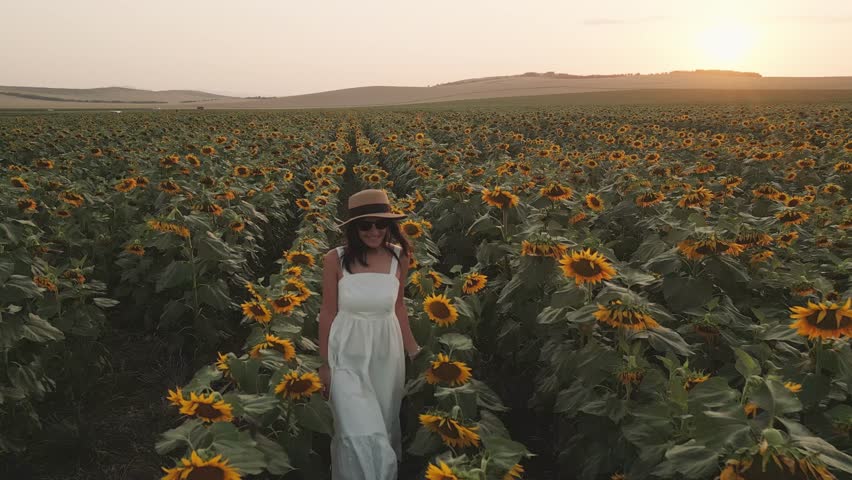 Aerial front view Young smiley woman in white dress and hat walking through scenic blooming sunflower field during golden sunset. Concept wellness and freedom countryside lifestyle.Slow motion.