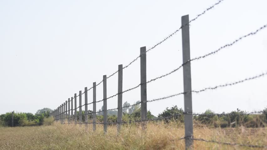 Sunrise behind a barbed wire fence over natural prairie grasslands in Pakistan, A large fence with rows of barbed wire in a field, Concrete pole with wire fencing around rice