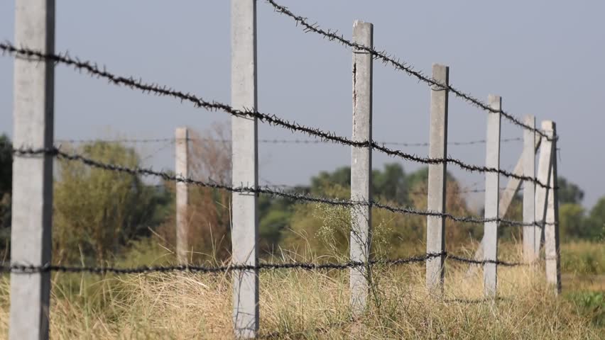 Sunrise behind a barbed wire fence over natural prairie grasslands in Pakistan, A large fence with rows of barbed wire in a field, Concrete pole with wire fencing around rice