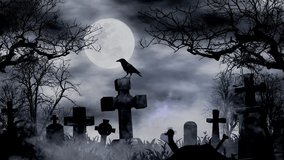 A haunting Halloween scene unfolds in a graveyard under a full moon, featuring a witch flying and a crow perched on a tombstone. - Powered by Shutterstock - Get 15% off with code: PIKWIZARD15