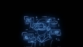 Person wearing VR glasses surrounded by digital interfaces. Showcases virtual reality, metaverse concept, futuristic technology, and immersive digital experience. Ideal for demonstrating augmented - Powered by Shutterstock - Get 15% off with code: PIKWIZARD15