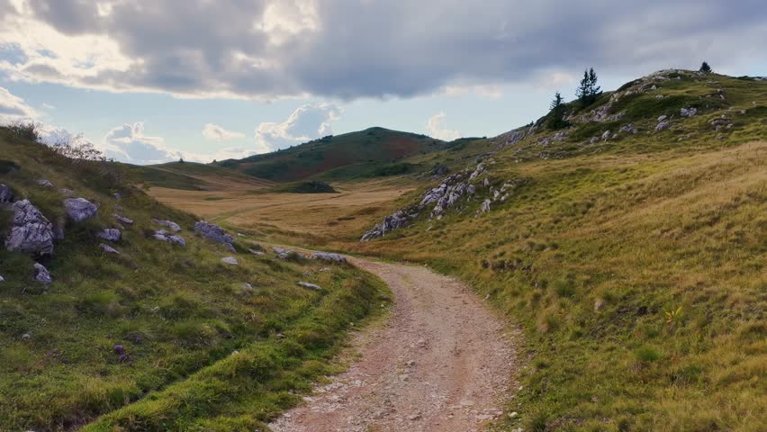 Drone view of a summer trail winding through alpine ridges and meadows with clear blue sky.
