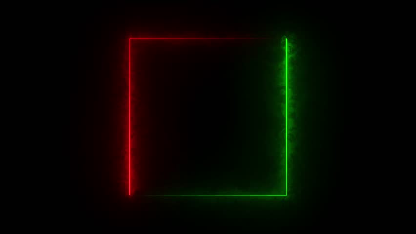 Glowing light neon red and green color square rectangle picture frame icon animation display box ring smooth round seamless border frame rotation wallpaper screen footage effect on black background	