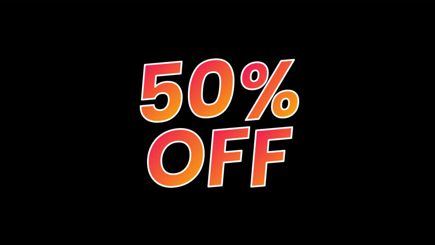 50% Off animated sale text with bold typography on a transparent background. Perfect for discount promotions, Black Friday, Cyber Monday, seasonal offers, online shops and marketing videos.