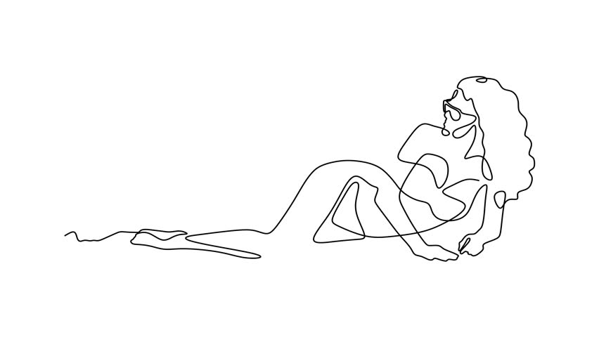 Animated self drawing of continuous line draw. Relaxing Woman with Sunglasses. Woman in Swimsuit Relaxing. Full length one line animation. 4K