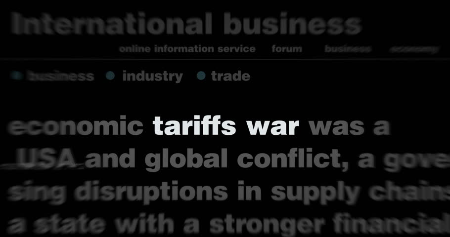 Tariffs war and import taxes headline news across international media seamless looped. Abstract concept news titles broadcast on screens loop.