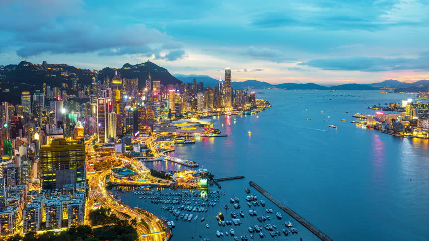 Scenic of Hong Kong city and traffic at twilight.