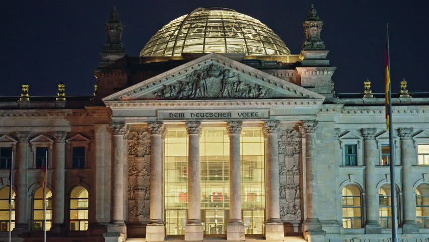  View of the Reichstag, the German parliament at night in Berlin Germany