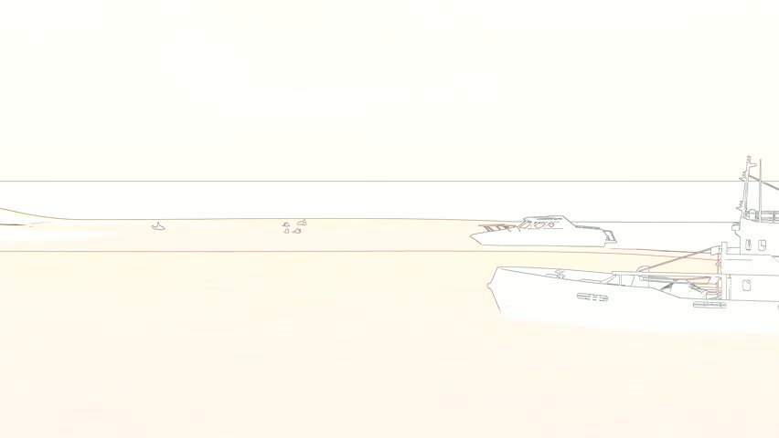 This animated video showcases a detailed sketch of a ship sailing across a calm water surface. The clean horizon line emphasizes the vessel's voyage, highlighting its nautical and maritime nature.
