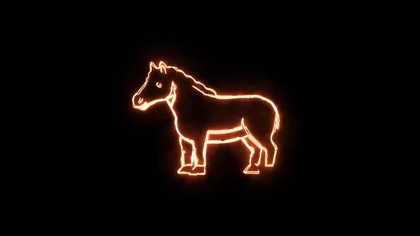 A neon horse is depicted with a vibrant, glowing outline, standing on a black background. The electric-style drawing is simple yet eye-catching, conveying energy and modernity, perfect for graphic