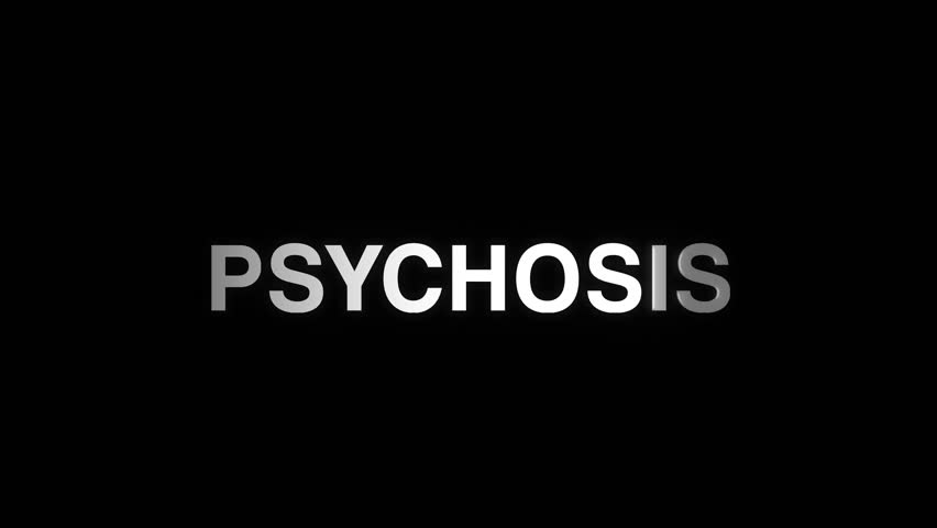 Animated word "Psychosis" with a smooth fade in, fade out, and fade in again effect on a black background. The minimal typography style creates a dark, moody, and dramatic atmosphere, ideal for horror