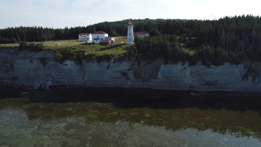 Cliffs, Lighthouse, and Vast Forests overlook the Blue Waters at Pointe Carleton on Anticosti Island, where Coastline, Horizon, and Wilderness create a Majestic, Remote, and Scenic Panorama