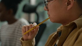 Working process creative modern coworking small business informal team meeting startup multiracial partners four international people briefing brainstorming Indian Arabian businessman talk to workers - Powered by Shutterstock - Get 15% off with code: PIKWIZARD15