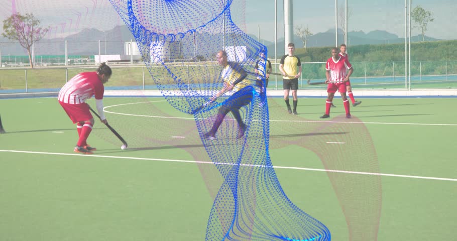Field hockey forward tapping ball at circle driving yellow midfielder dribbling into counterattack. Athletic, competition, teamwork, outdoor, sport, agility, dynamic