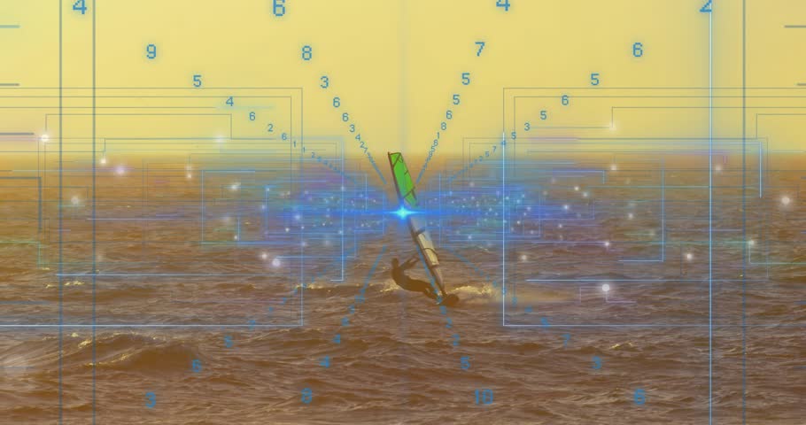 Windsurfer raising green sail and balancing while tilting and overlaying tech HUD updating metrics. Adventure, technology, sport, dynamism, outdoor, efficiency, innovation