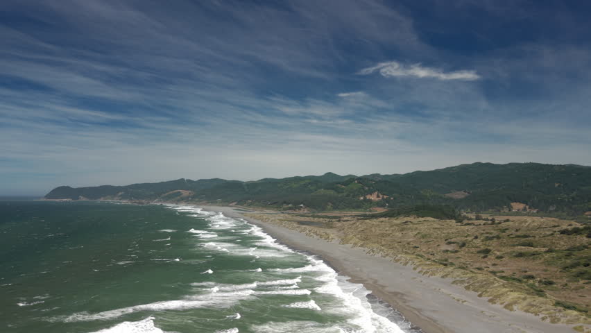 Pacific Ocean at the Oregon Coast, aerial drone view with wind and high surf