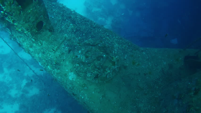 Coral-covered steam pipe with the coat of arms of Salem Express ferry, Wreckship in Red Sea, Slow motion, Forward movement, Details of sunken ship in the depth sea