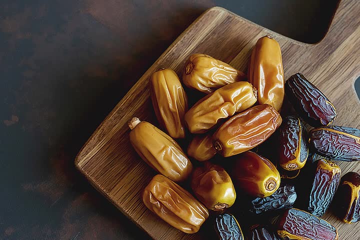 A pile of fresh and dried dates are scattered on a rustic wooden cutting board with a dark textured background.