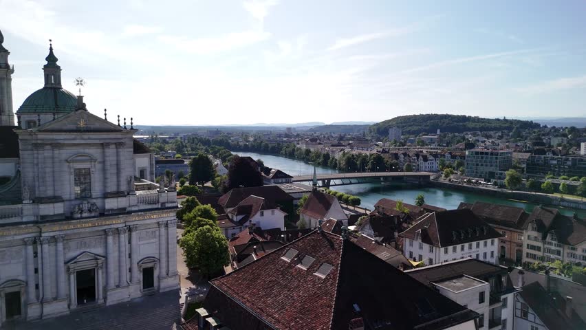 Solothurn Switzerland medieval baroque town square Aare river aerial drone city