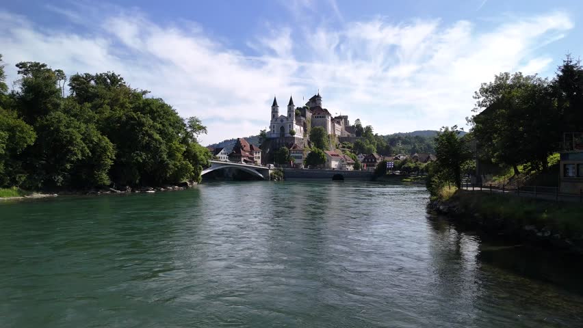Aarburg Castle Aare river Switzerland Swiss medieval landmark aerial drone