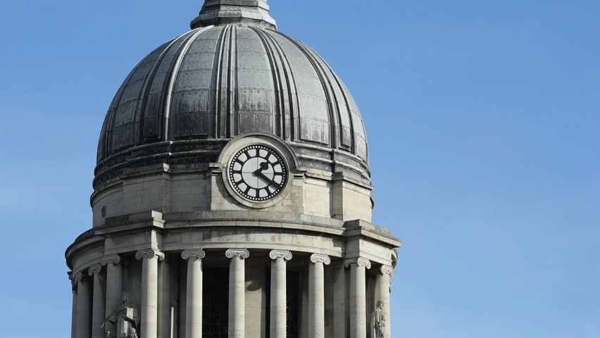 Close-up view of the historic Council House Clock, a landmark in Old Market Square at the heart of Nottingham city centre, England, highlighting its architectural details.